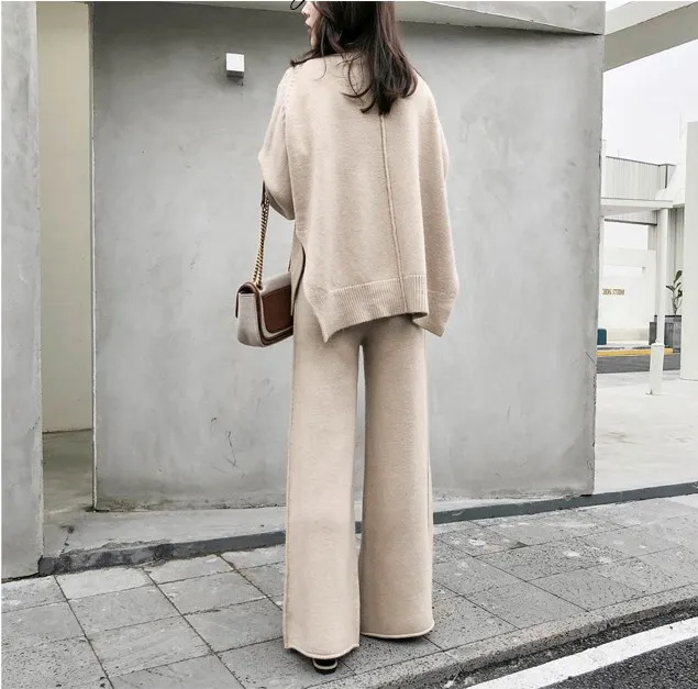 Трикотажный женский свитер брючный костюм для женщин комплект из двух предметов