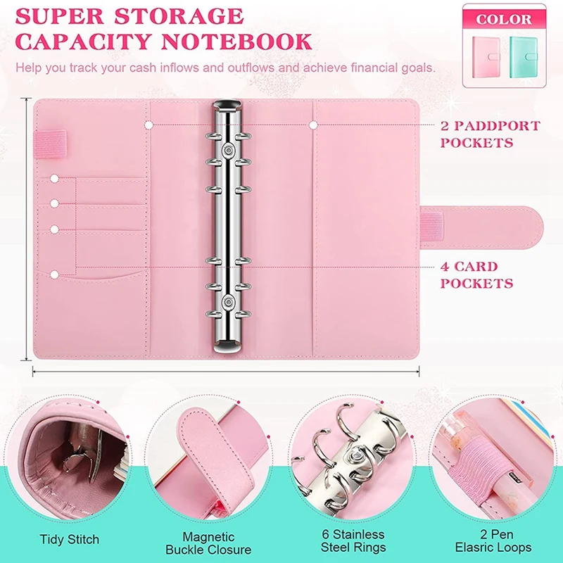 

A6 Notebook Binder Set,6 Ring Cover Refill Lined Paper Clear Pockets Expense Budget Sheets Page Markers Dividers