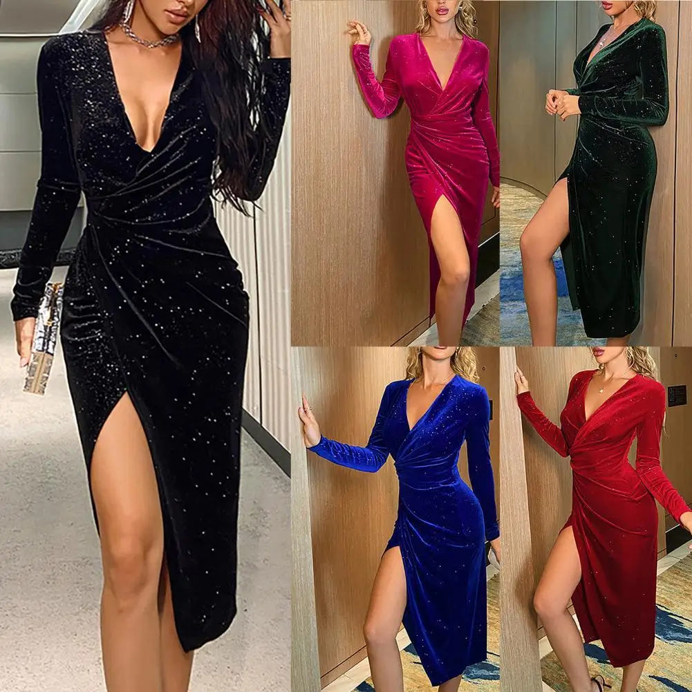 

Shiny Star Banquet Dress Women Deep V Neck Evening Dress Sexy High Split Midi Dress for Women Party Dress vestidos de fiesta