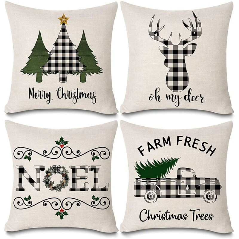 

Christmas Buffalo Plaids Deer Christmas Tree Farmhouse Truck Noel Pillow Covers Cotton Linen Throw Pillow Case Cushion