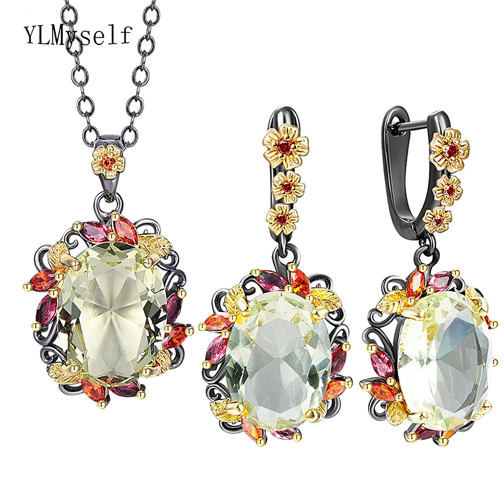 

Beautiful Necklace/Earrings Sets With Big Oval LT Olivine Zircon Flower Design 2 Tone Plating 2pcs Jewelry Sets for Women