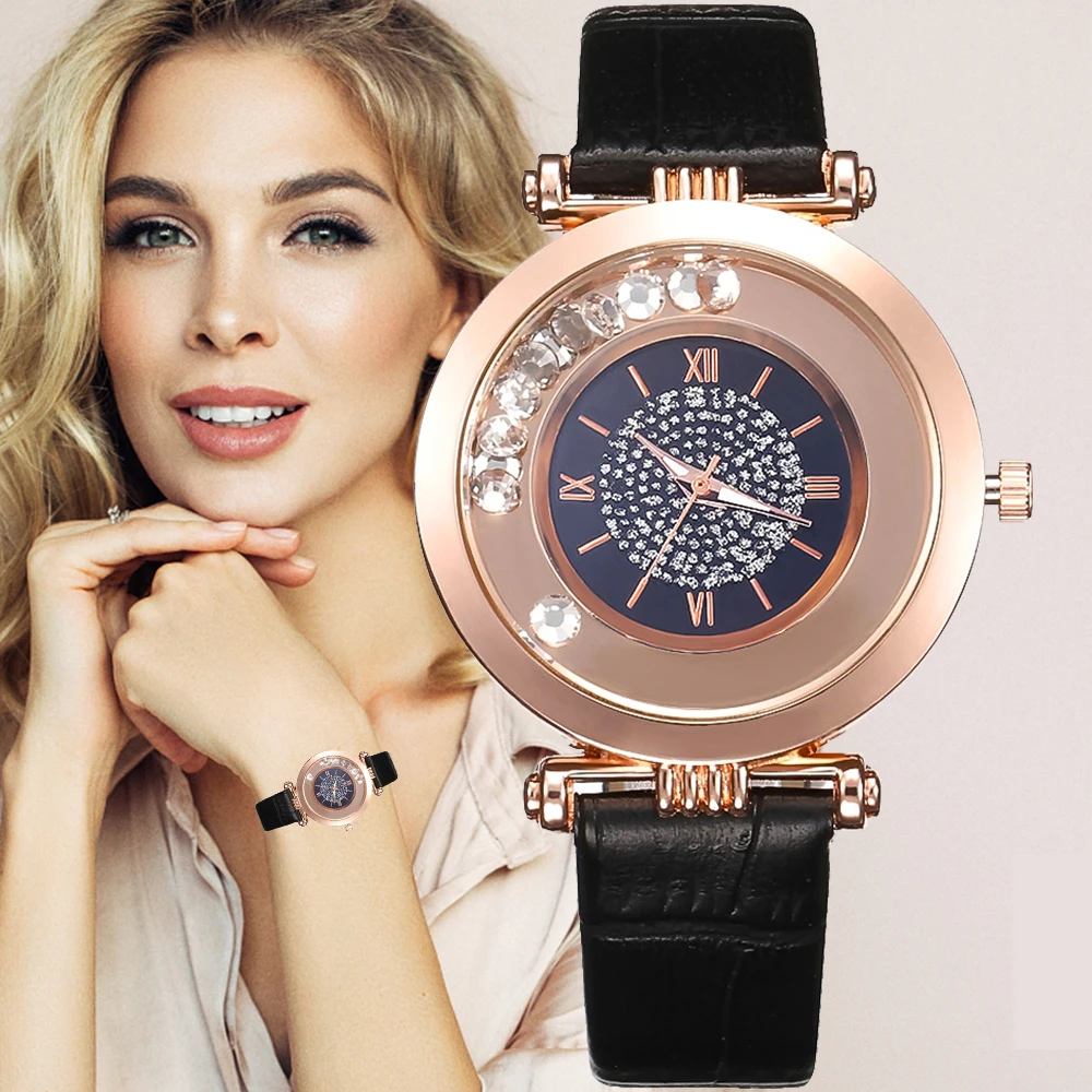 

Women Watches Top Brand Luxury Leather Quartz Wristwatch Ladies Dress Rhinestone Watch black Watches Reloj Mujer Montre Femme