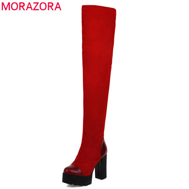 MORAZORA/; горячая распродажа; женские ботфорты выше колена; Изящные пикантные Стрейчевые сапоги; обувь на платформе и высоком квадратном каблуке; женские вечерние туфли для выпускного