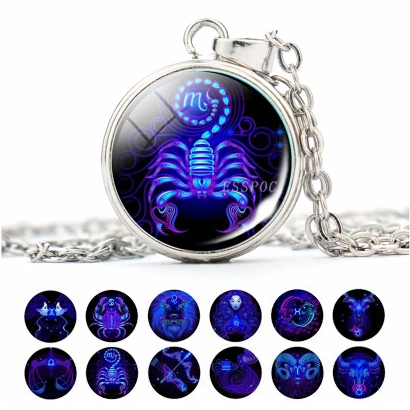 Ожерелье 12 знаков зодиака стеклянные кабошоны 16 мм на пуговицах подвеска цепочке