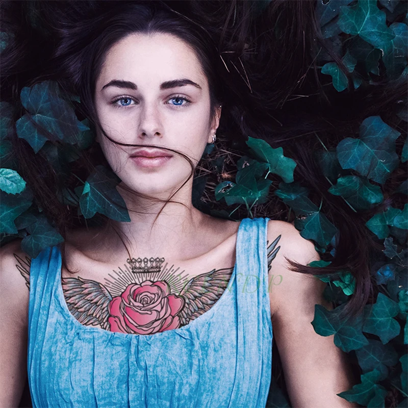 Водонепроницаемый Временные татуировки наклейки розовый цветок розы крылья