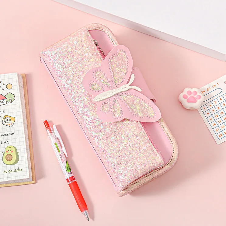 

Fashion Canvas Pencil Case Stationery Bag Large-Capacity Multi-Function Butterfly Sequin Pen Eraser storage organizing Accessory