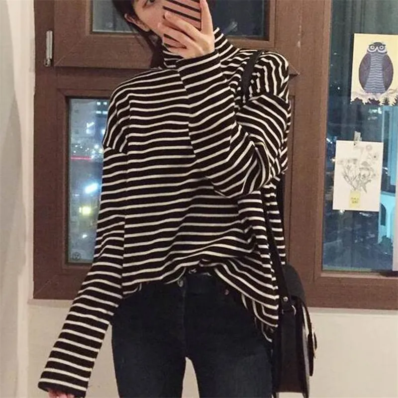 2020 spring autumn Women t shirt Harajuku Simple stripes tshirt long sleeve Turtle neck slim T-Shirts Femme black white Top Tees | Женская