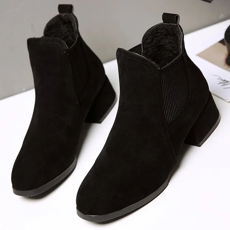 

Chelsea Boots Women Winter Short Plush Ankle Boots Chunky Winter Shoes Leather Female Boots Fashion Platform Booties Black
