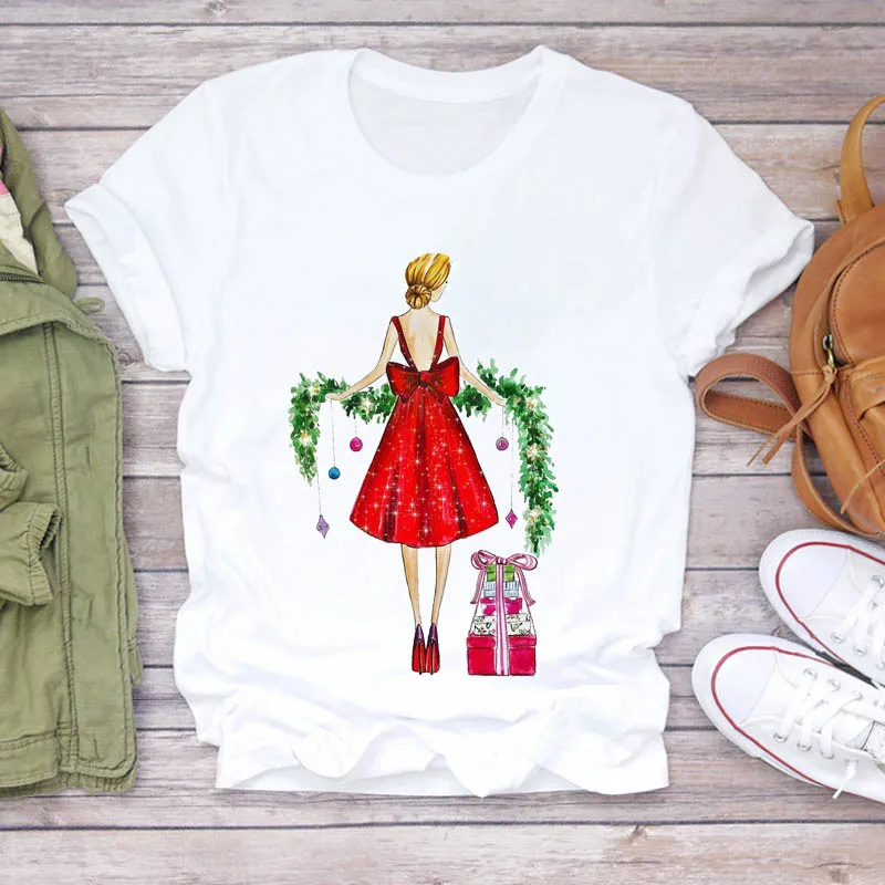 

Women Green Tree Holiday Festival 90s Merry Christmas Print aesthetic Lady T-shirts Top Ladies Womens Graphic Female loose Tee