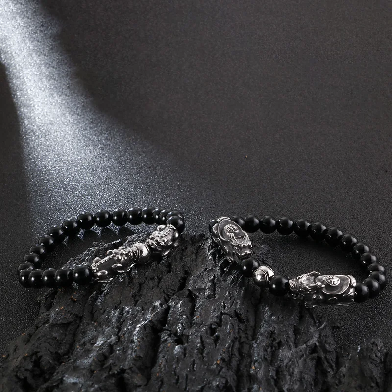 

Strand Bracelet For Men Stainless Steel Link Chain Vintage Dragon Bracelet Black Beads Pulsera Jewelry Accessory Free Shipping