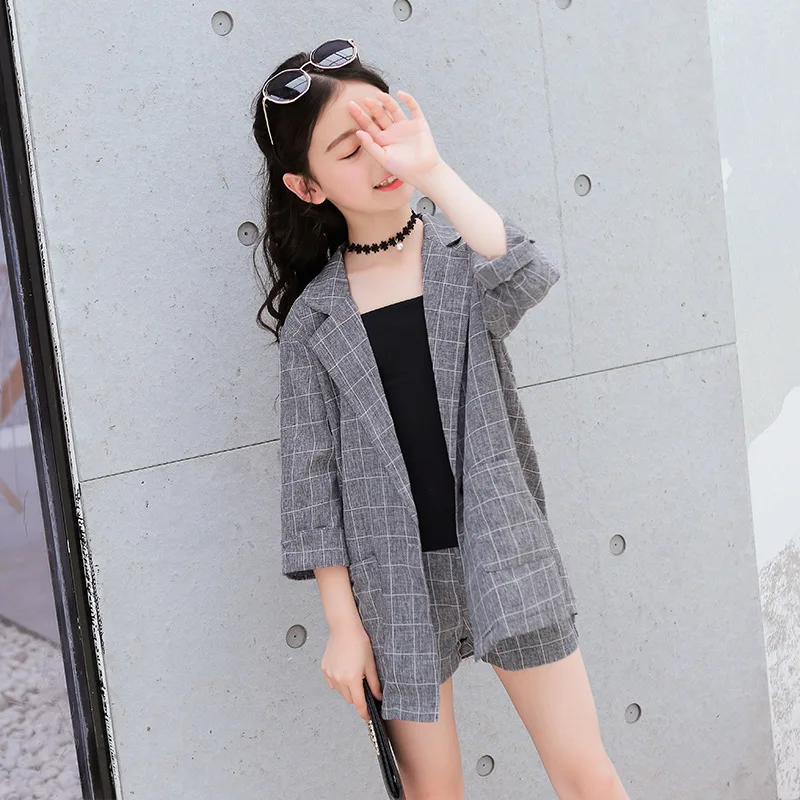 

Teenage Girls Clothing Set Autumn Girls 3pcs Plaid Suit Jackets Vest + Shorts School Tracksuit Kids Children Clothes 8 10 12 Y