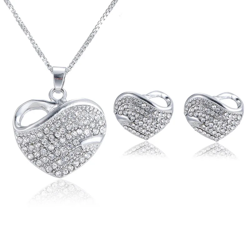 silver sets RNAFASHION ювелирные изделия в форме сердца ожерелья и подвески в форме сердца серьги-гвоздики полностью из страз Ювелирные наборы для женщин невесты - Окраска металла: silver sets