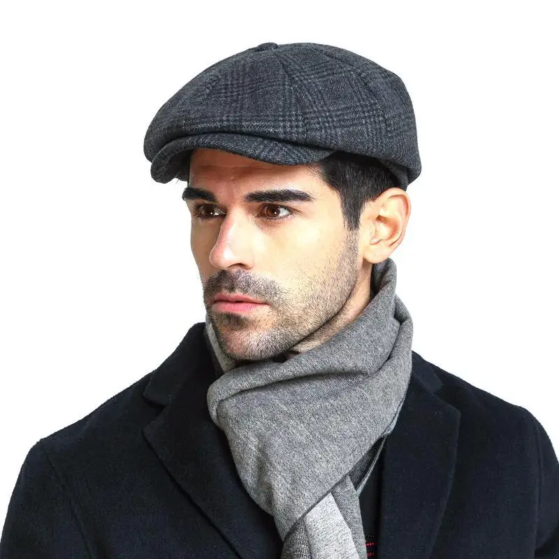 

Male Plus Size Ivy Hat Big Head Man Felt Newsboy Cap Dad Leisure Beret Caps Winter Wool Flat Octagon Caps 55-59cm 60-62cm