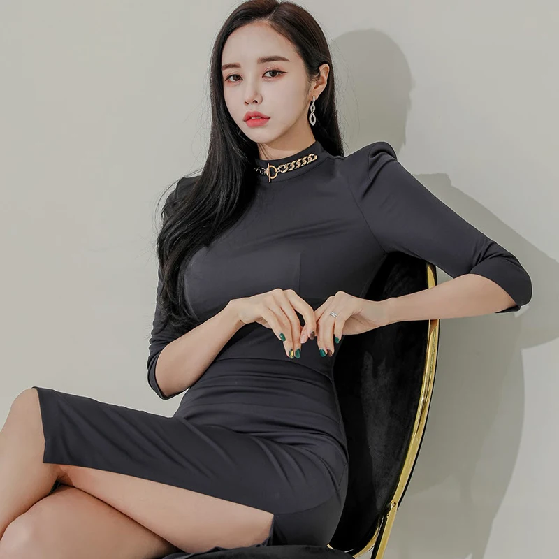 

Top Quality Solid Color Slim Bodycon Dress Women Spring Stand Collar Sexy Party Dress Female Vestidos