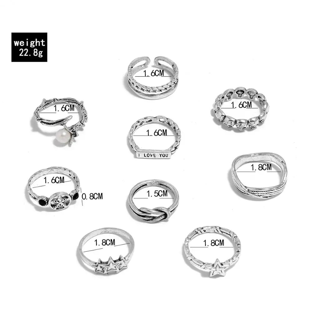 

Retro personality joint ring geometric skull five-pointed star letter knotted ring 9 piece women set ring