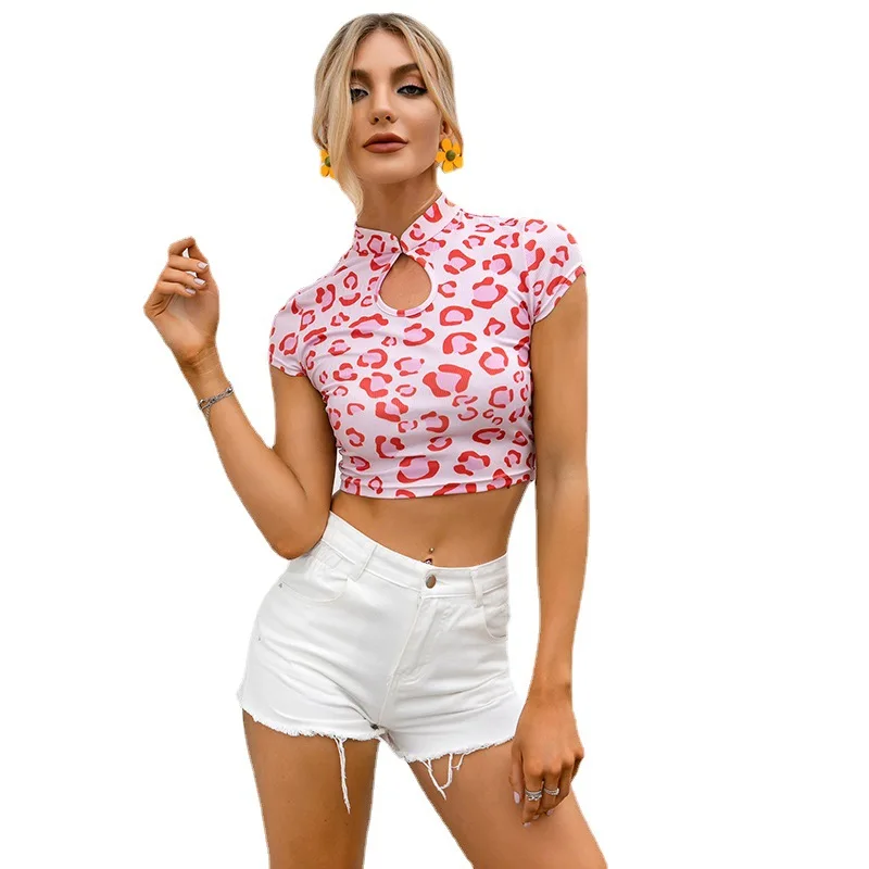 

Eversea Pink Leopard Print Tops Women Summer Fit Chinese Mandarin Collar Short Sleeve T-Shirt