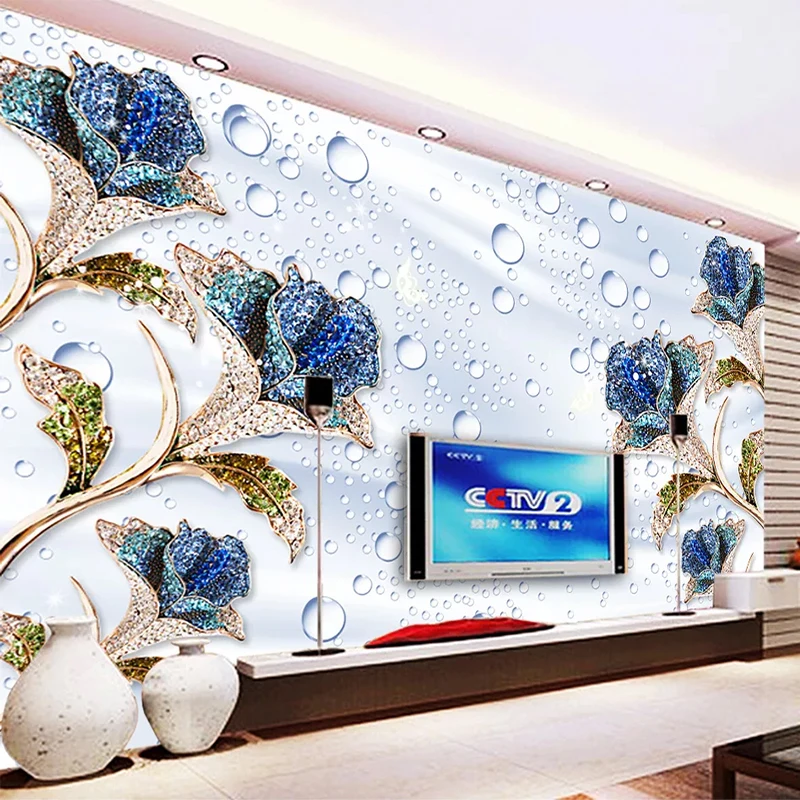 Настенная 3D Роспись на заказ современные шелковые синие розы в форме капель для