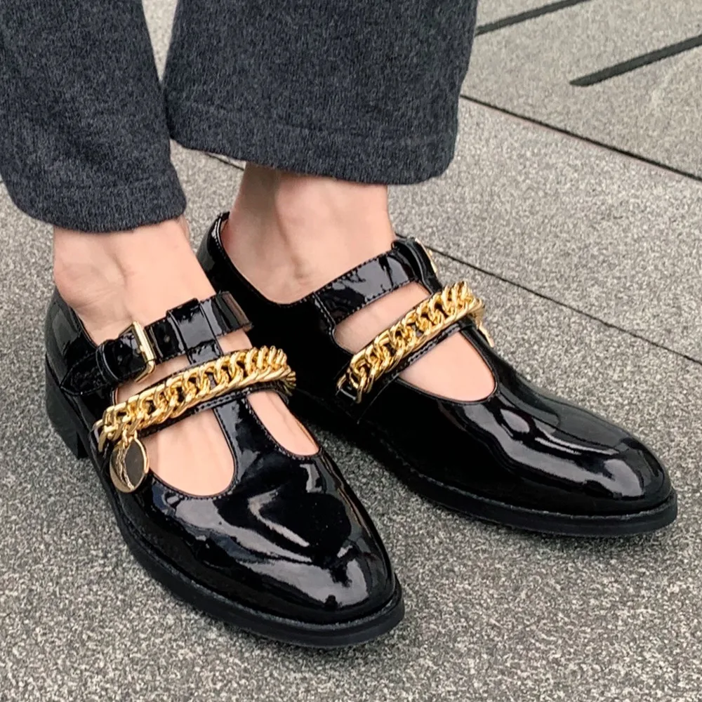 

Women's genuine leather t-strap flats chain decoration round toe casual female footwear student style soft comfortable shoes hot