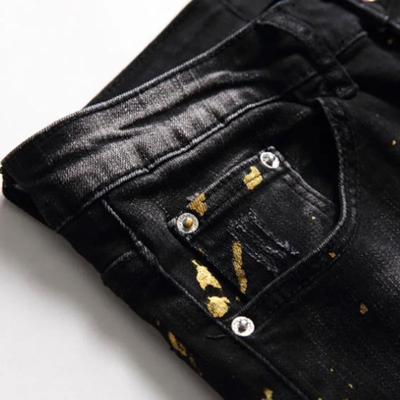 Джинсы мужские облегающие брюки из денима байкерские штаны повседневные черные