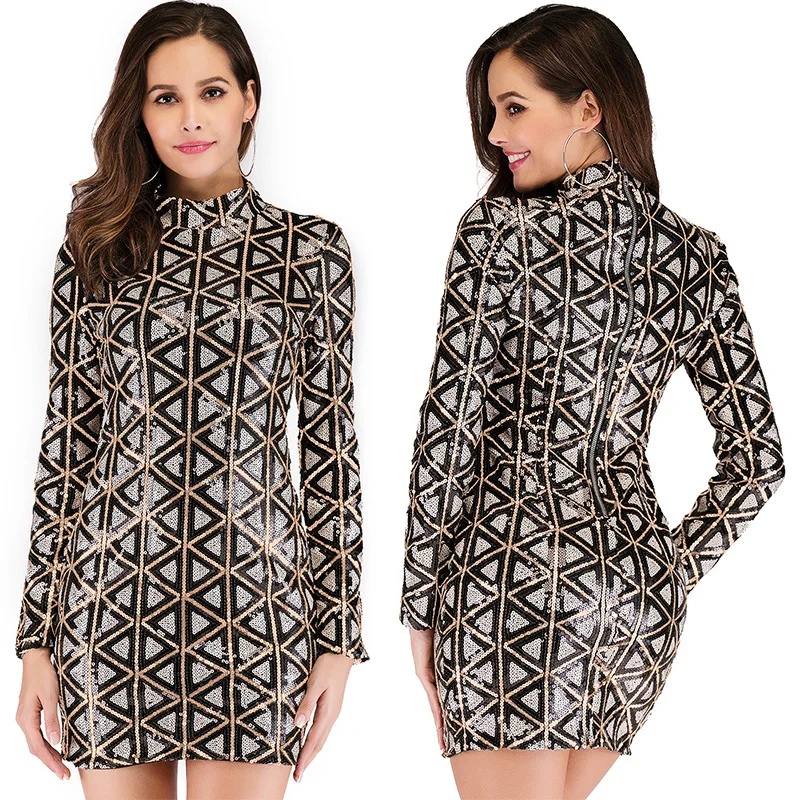 

Women Long Sleeve Dress Stannd Neck Sequin Dress Plaid Short Sexy Dress Vestidos Party Dress
