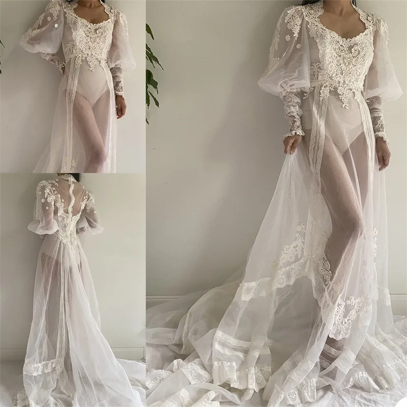 

White Lace Sequined Tulle Long Sleeve Bridal Wrap Sexy Kimono Pregnant Party Sleepwear Women Bathrobe Sheer Nightgown Robe