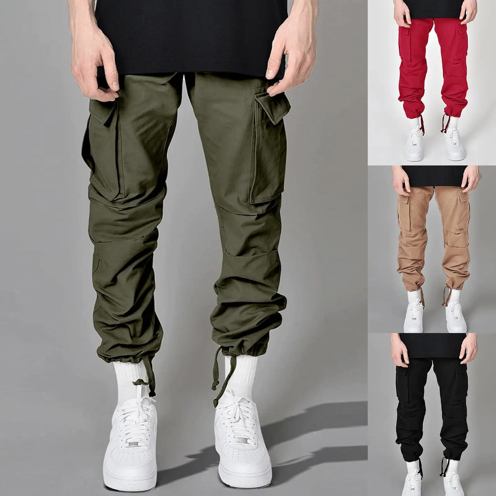 

Cargo Pants Men Streetwear Hip hop Pants Mens Joggers Pants Casual Harem Ankle length Trousers Elastic waist Black Army green