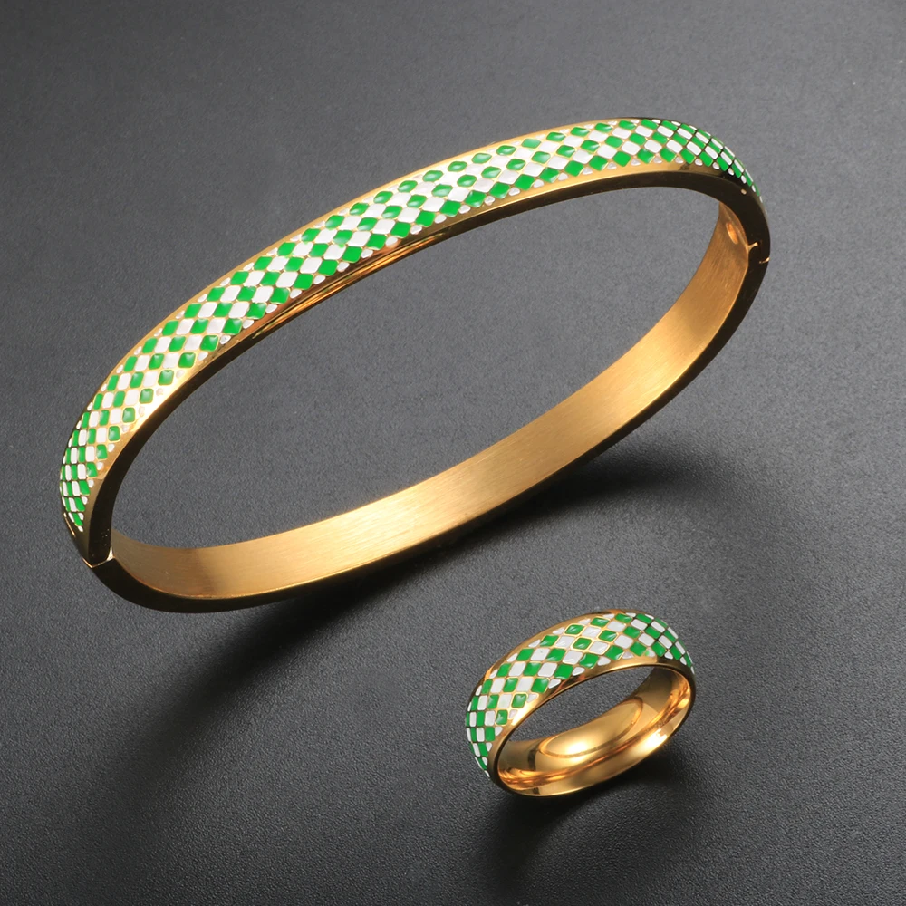 

ZMFashion Colorful Grid Bracelet Bangle Oil Dripping Ring For Women Men Couples National Flag Enamel Jewelry Sets Boho Gift New