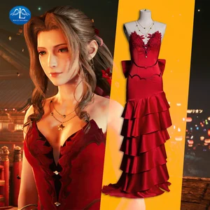 Final Cosplay Fantasy VII Aerith Gainsborough Cosplay Costume Adult Women Girls Long Red Dress Gown Halloween Carnival Costumes