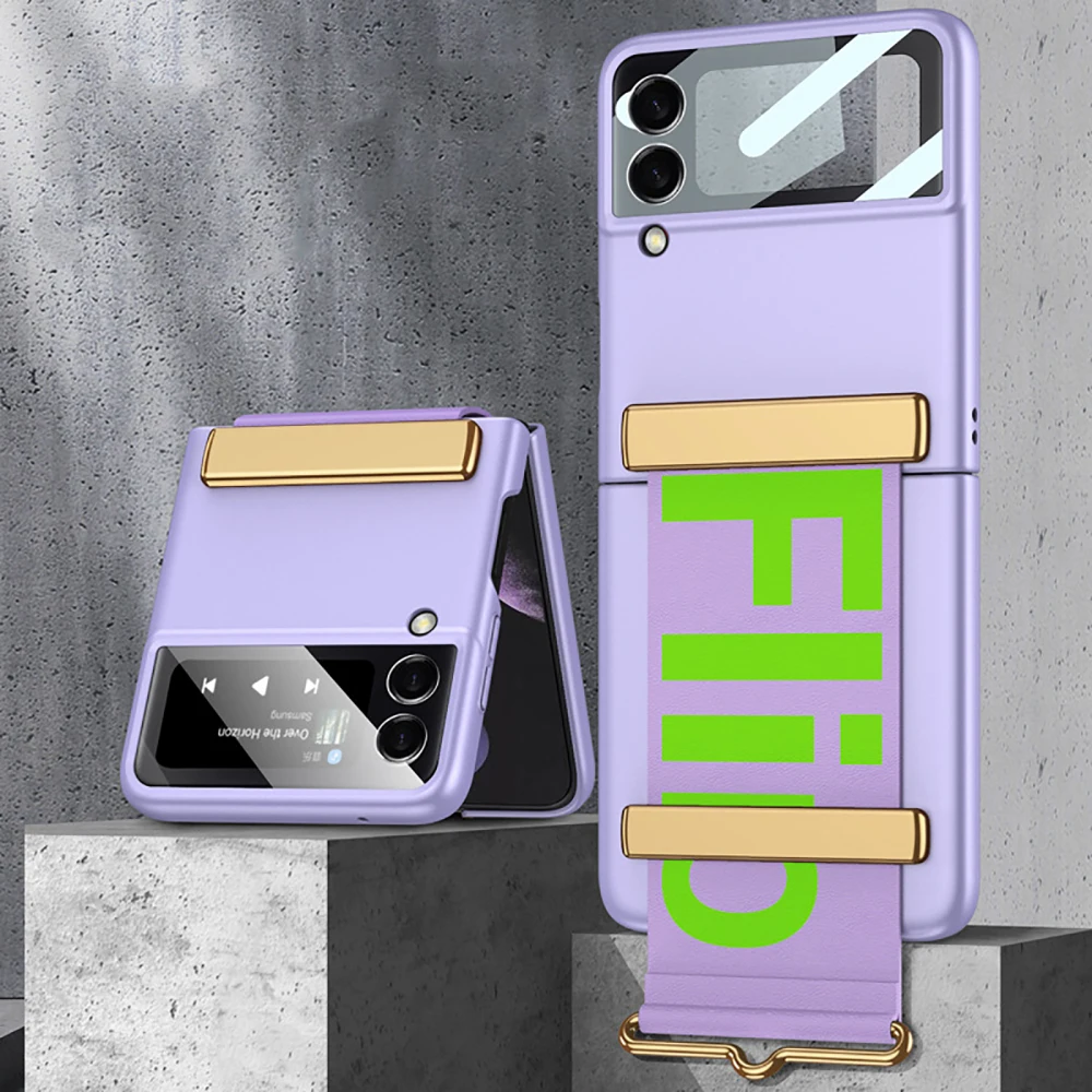 

Ultra-thin Phone Protective Case Shockproof Rear Lens Film Phone Cover w/ Wristband Back Case for Samsung Galaxy Z Flip 3 Phone
