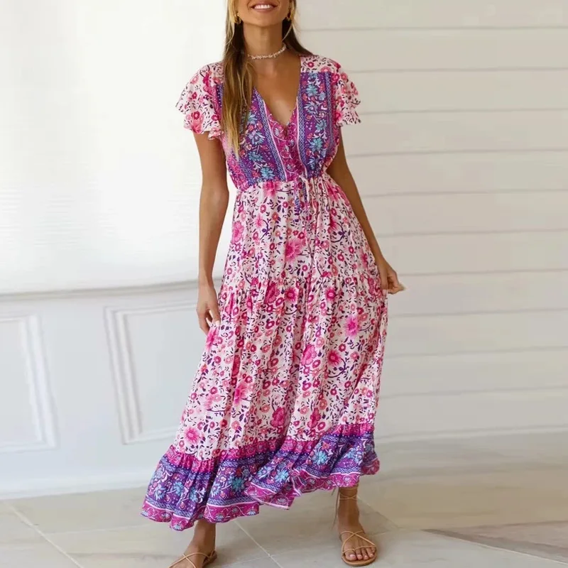 Богемный Вдохновленный розовый цветочный сплайсированный длинное женское