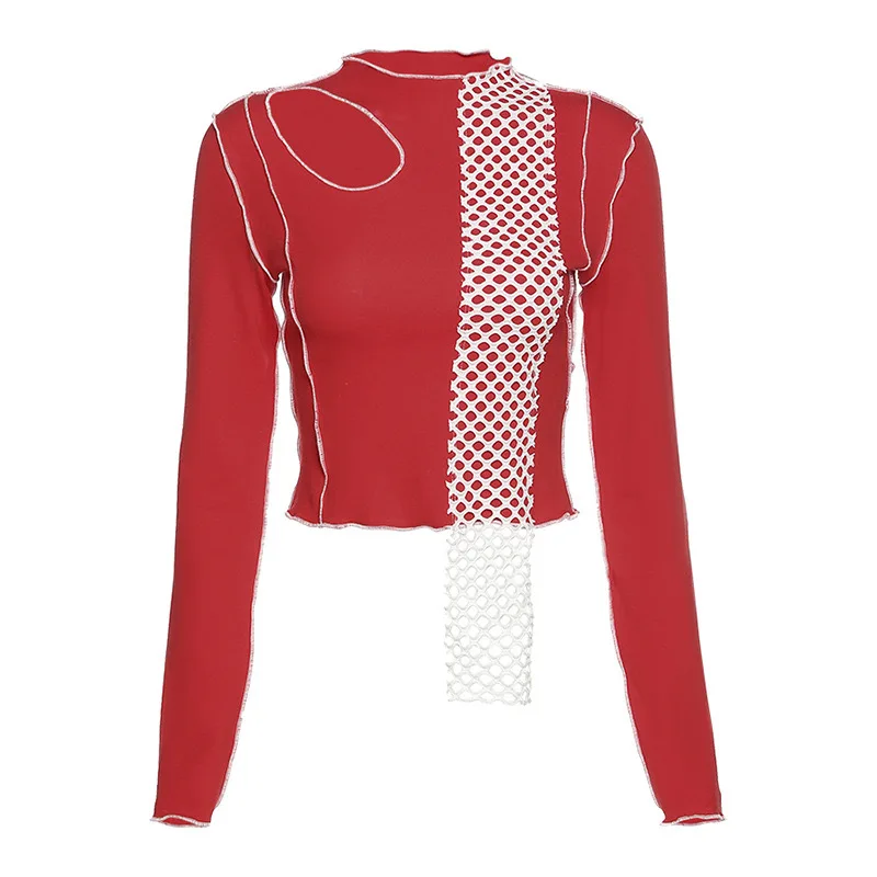 

Irregular holes, short, navel, long-sleeved bottoming shirt, Korean style T-shirt, jazz dance top, women