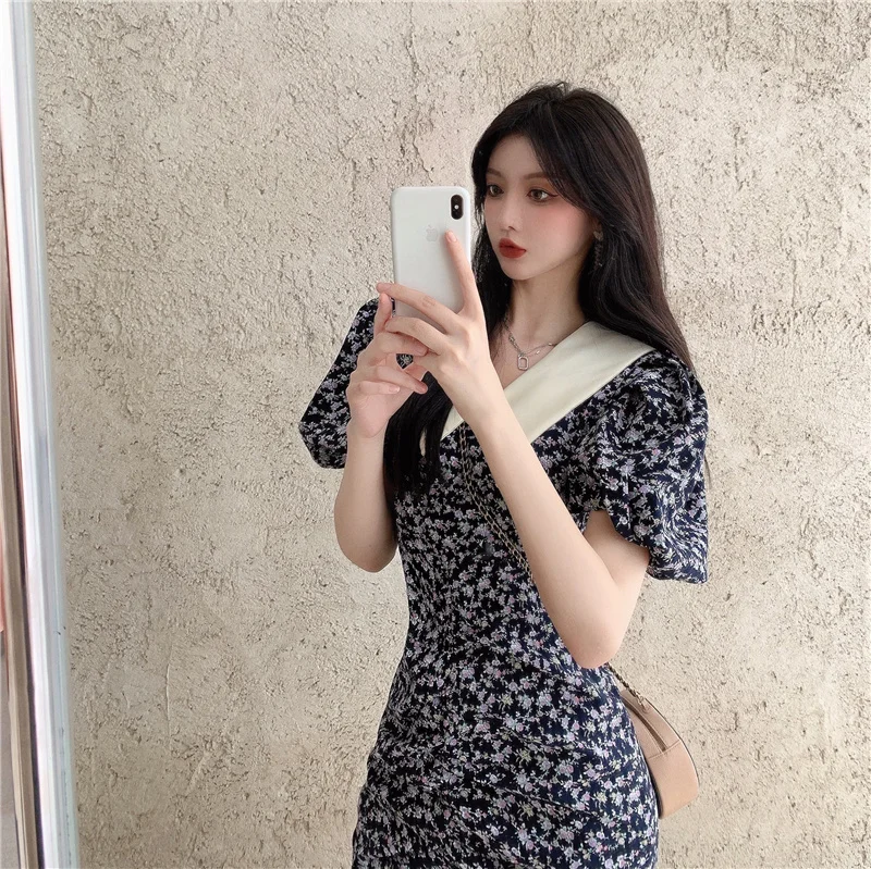 

High-End French Style Vintage Floral Doll Collar Dress Women's Summer Design Sense Niche Bubble Sleeve Sheath Skirt