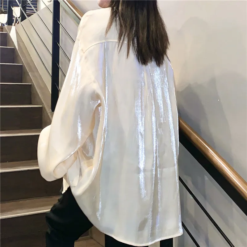 

Handsome 2020 Solid Color Spring Autumn Summer Coat Flash Boyfriend Style Loose Lantern Sleeve Long Sleeve Shirt Women's Fashion