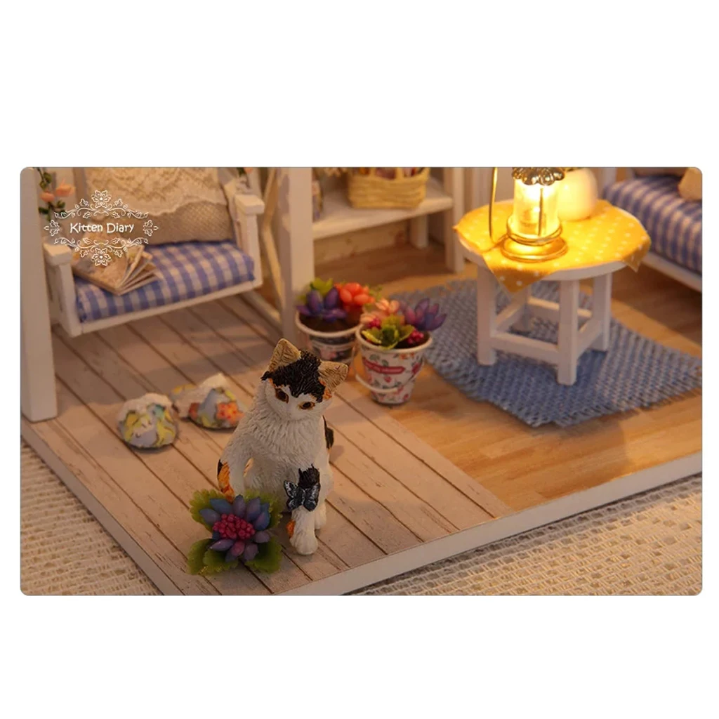 

DIY Wooden Dollhouse with Miniature Furniture Accessories, Miniature Handmade 3D Puzzle Dollhouse Model Kits -Kitten Diary