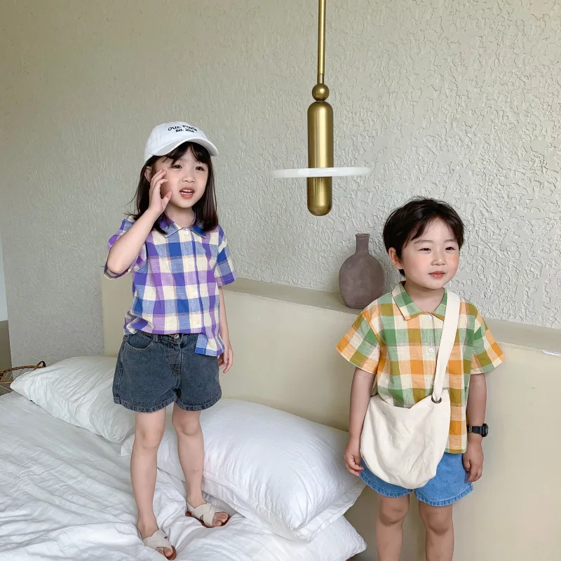 

Kids Clothing Summer New Baby Girls Boys Short Sleeve Plaid Shirt 2-8 Y Children's Lapel Korean Cotton Blouse Toddler Clothes