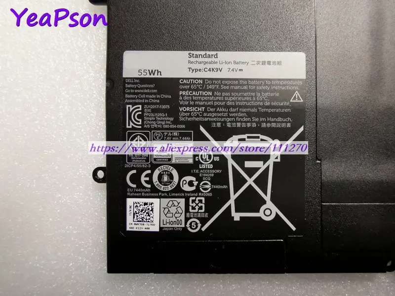 Ультрабук Yeapson C4K9V PKH18 WV7G0 7 4 В 55 Втч для Dell 13 L321X L322X XPS серия Series|Аккумуляторы