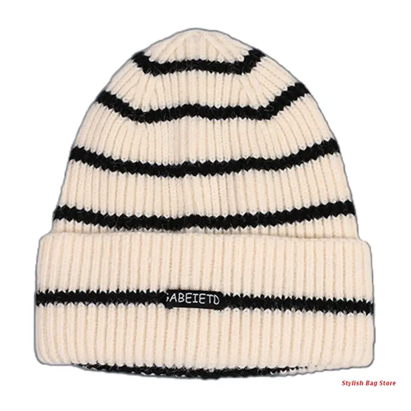 

Unisex Winter Ribbed Knitted Beanie Hat Stripes Letters Label Student Skull Cap