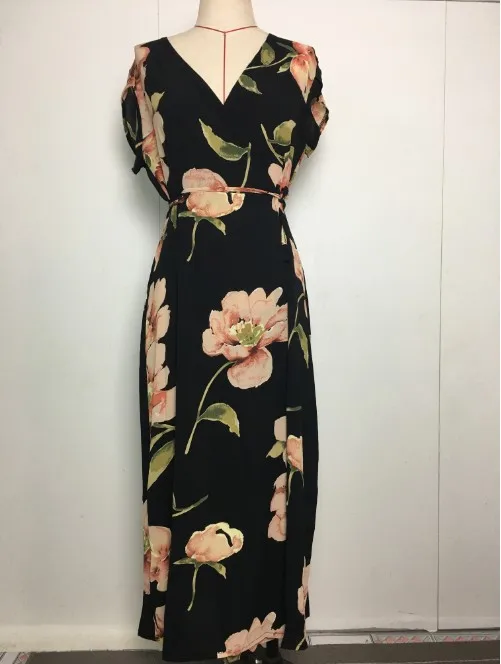 Женское платье с разрезом винтажное V-образным вырезом и принтом лето размера