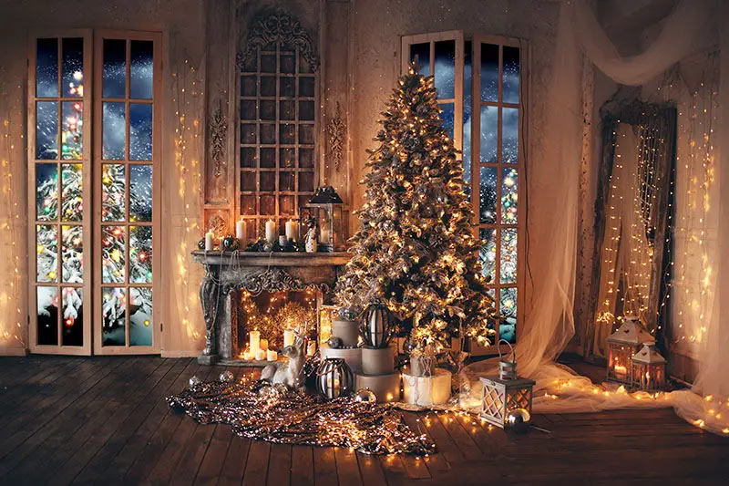 Фон для фотосъемки Рождество фон с изображением обниматься фотофоны темная деревянная уютная комната окна