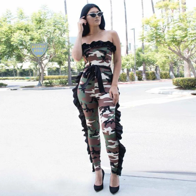 Камуфляжный с открытой спиной оборками Летний комбинезон женский без рукавов