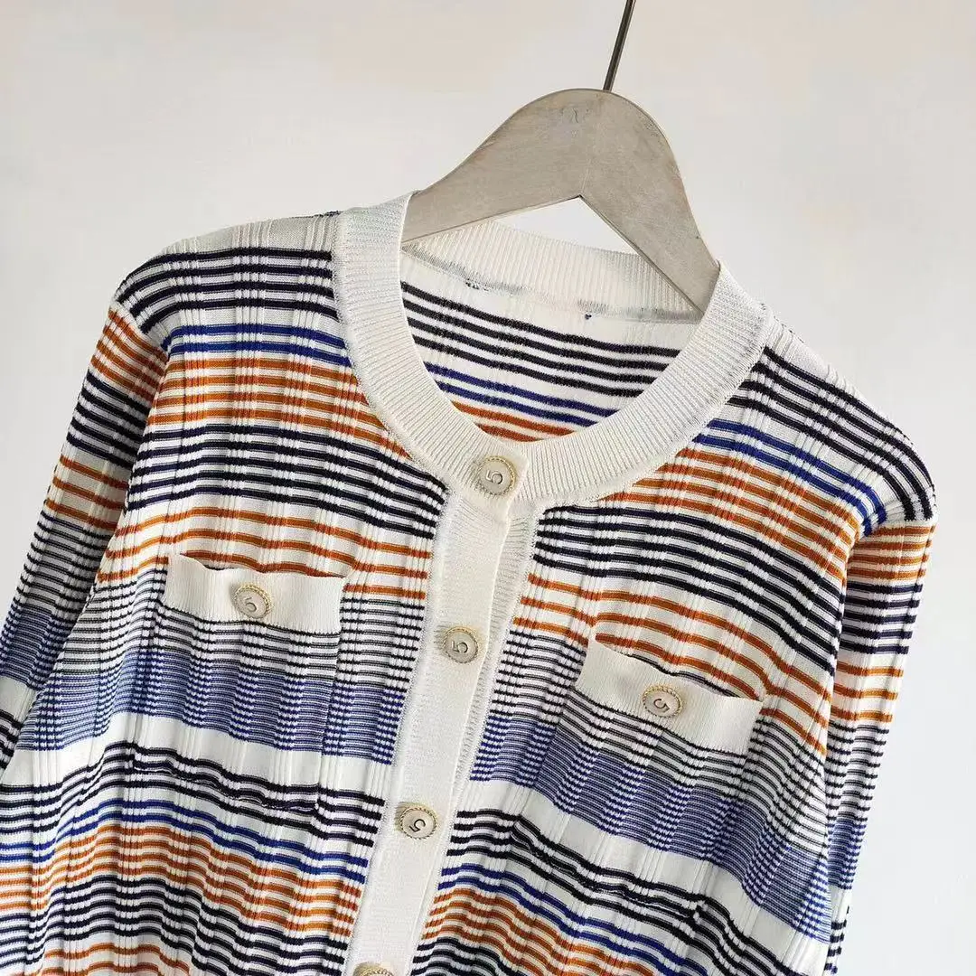 

Women Knitted Cardigan Spring Summer 2021 Fashion Clothes Elegant Stripes Vintage Kawaii O-Neck Button Up Y2k Tops Mujer Sutere