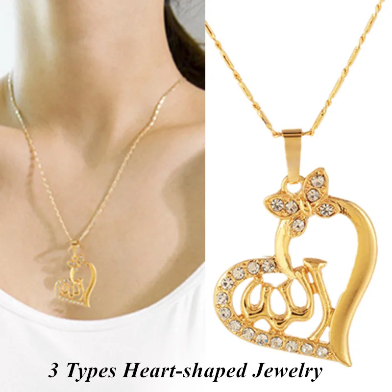 

New 3 ColorS Heart Shape Mosaic Pendant Ladies Necklace RhinestoneIslamic God Allah Charm Religion Fine Jewelry Arabic For Women