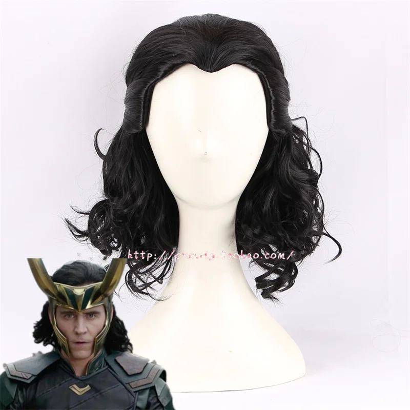 

New Halloween Mens Loki Cosplay Wig Loki Black Wavy Styeld Hair Comic Role Play Wig Costumes Party Wigs + Wig Cap