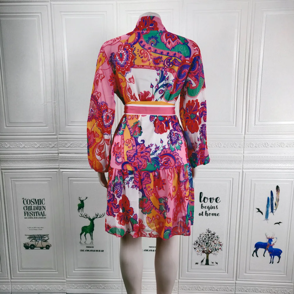 

2021 Long Sleeve Short Printed Loose Large Size Women's Lantern Sleeve Dress High Waist Floral Ladies Dresses for Women Party