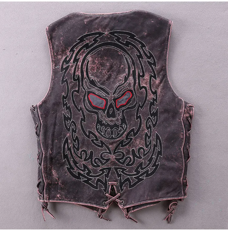 

Black Men 2021 Skulls Embroidery Motorcycle Plus Size XXXL Genuine Cowhide Short Biker's Leather Vest FREE SHIPPING