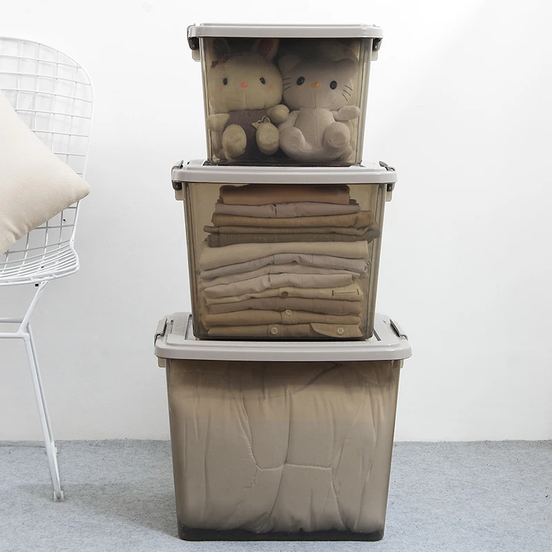 Полупрозрачный большой ящик для хранения с крышкой пластиковый бытовой