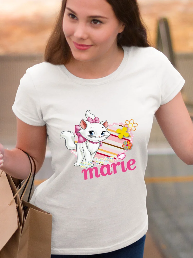 

Marie Cat Elegant T-Shirts Round Neck Top for Ladies Disney 2022 Kawaii Harajuku T Shirt Short Sleeve France Ropa Tumblr Mujer