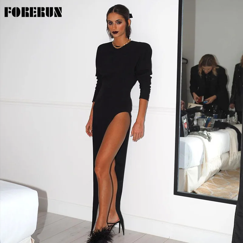 

FORERUN сексуальное длинное женское платье с высоким разрезом, асимметричное платье с длинным рукавом и круглым вырезом, черные вечерние плать...