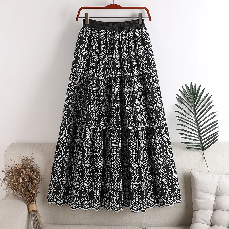 

Женская кружевная юбка с вышивкой, винтажная длинная белая юбка с высокой эластичной талией, лето-осень 2021