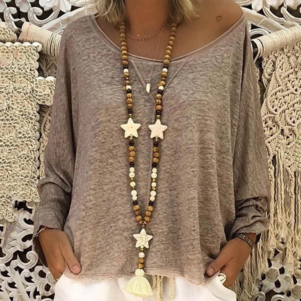 Женская футболка с длинным рукавом Boho летняя пляжная Повседневная Свободная